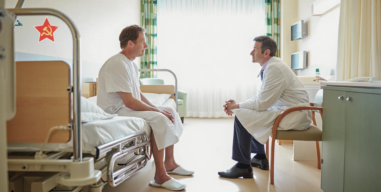 Мужчина в палате клиники беседует с врачом